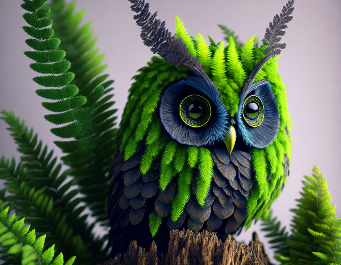 Stylized green owl with blue eyes perched on wood among fern leaves