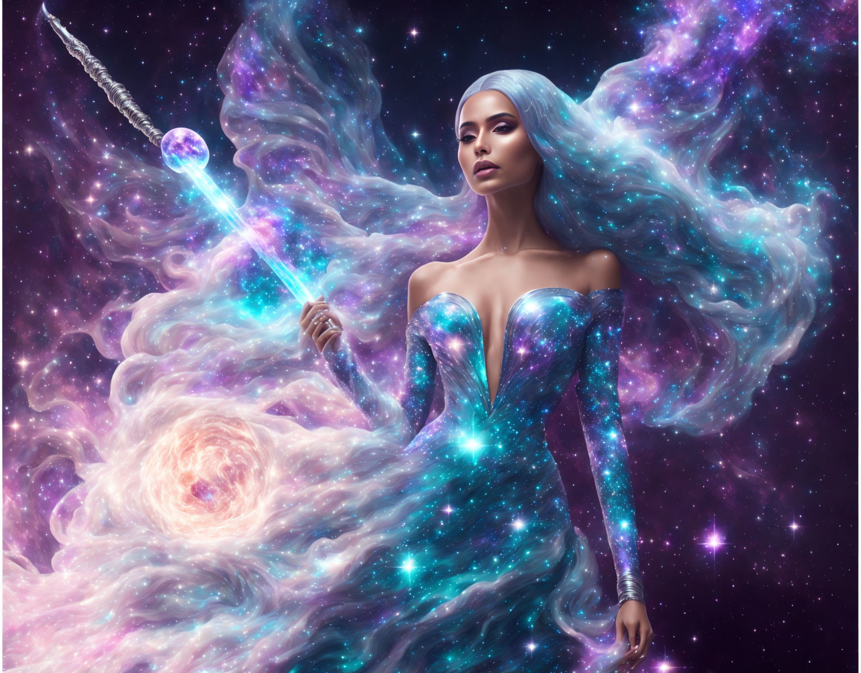 Woman with cosmic hair and wand in starry space.