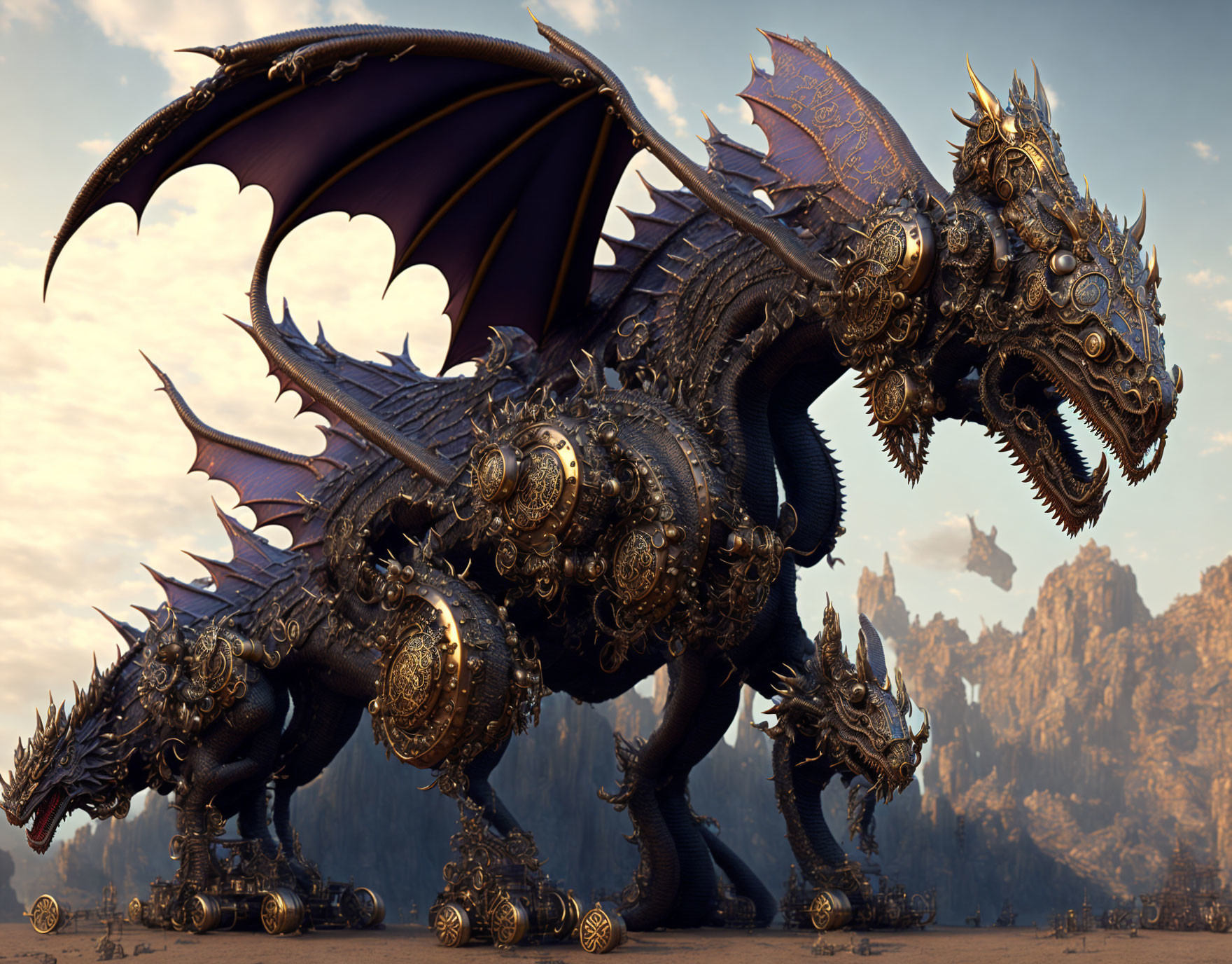 Mechanical dragon with ornate armor in rocky terrain