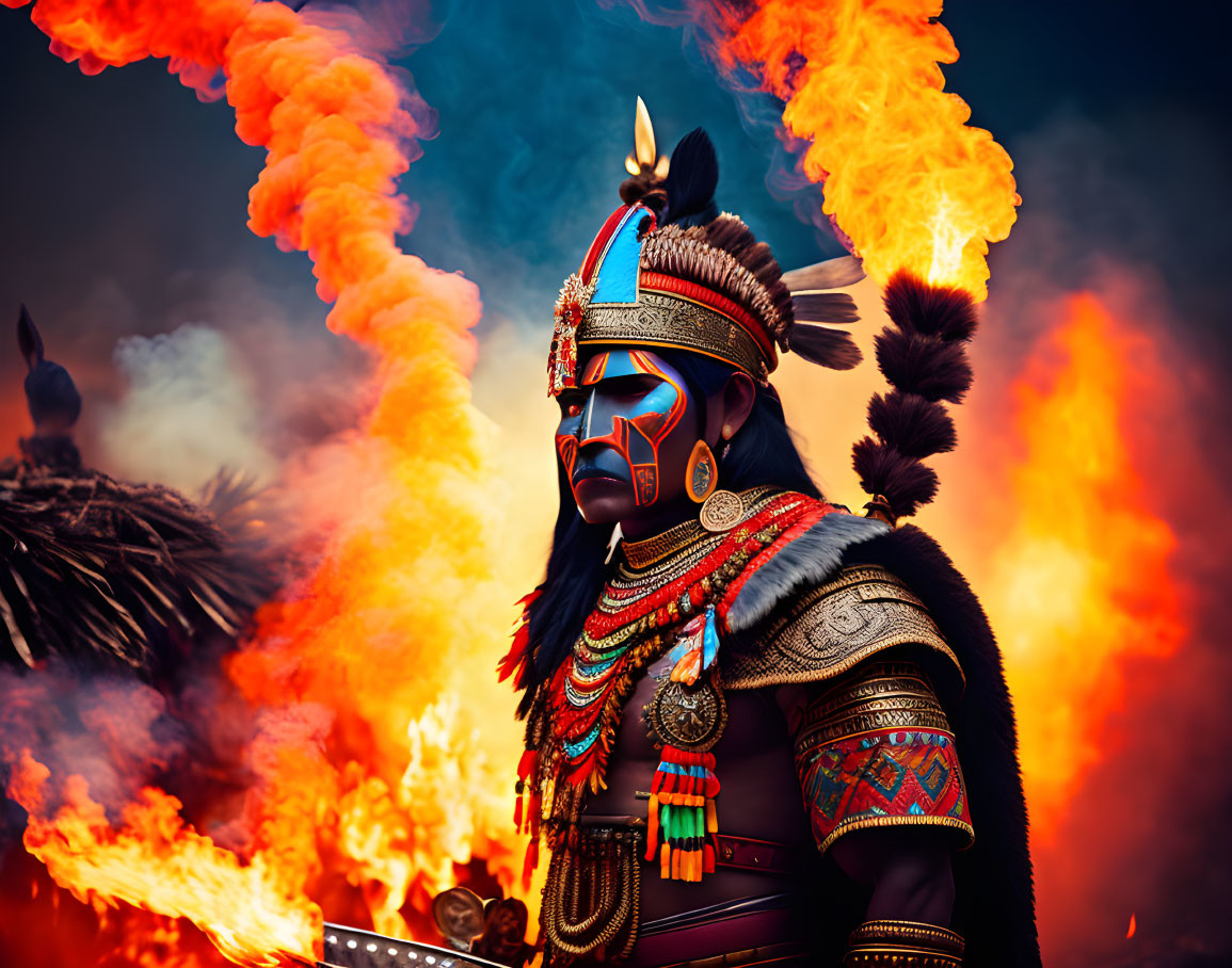 Traditional warrior in feathered headdress amid intense flames