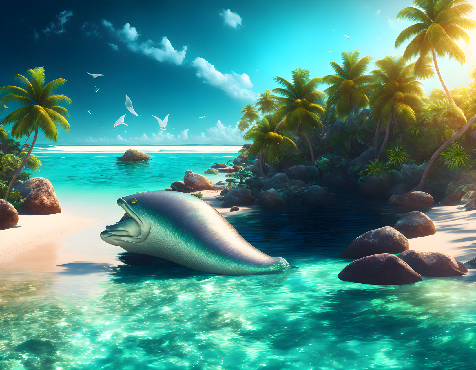 Tropical beach scene with palm trees, blue water, and leaping fish