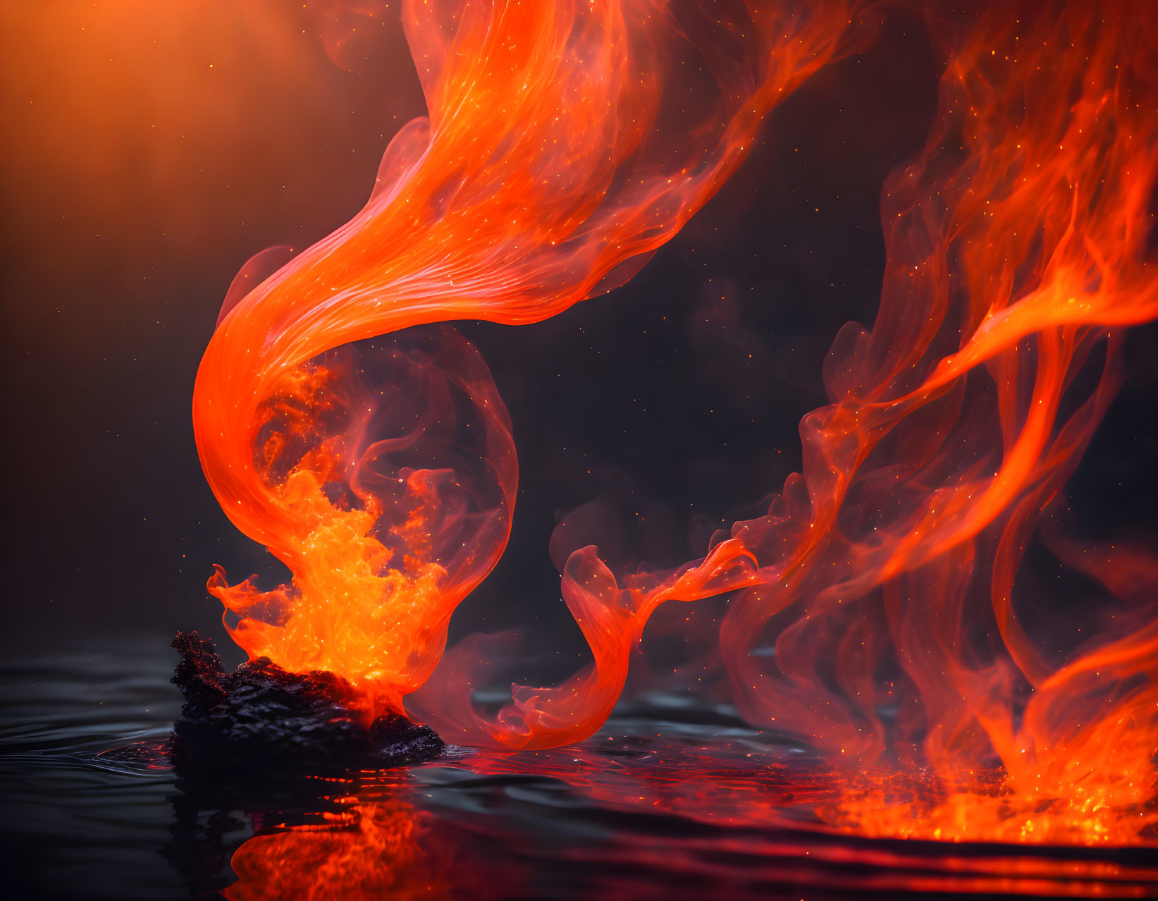 Swirling Orange Flames on Dark Reflective Surface