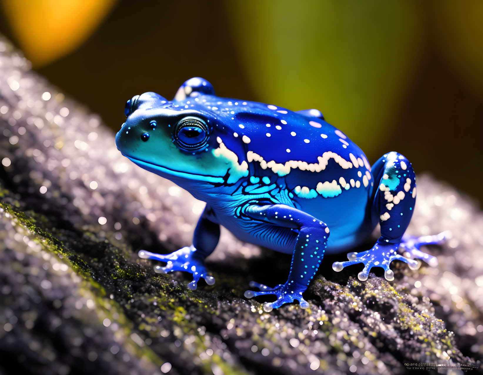 Colorful Blue Frog with Black and White Spots on Mossy Rock