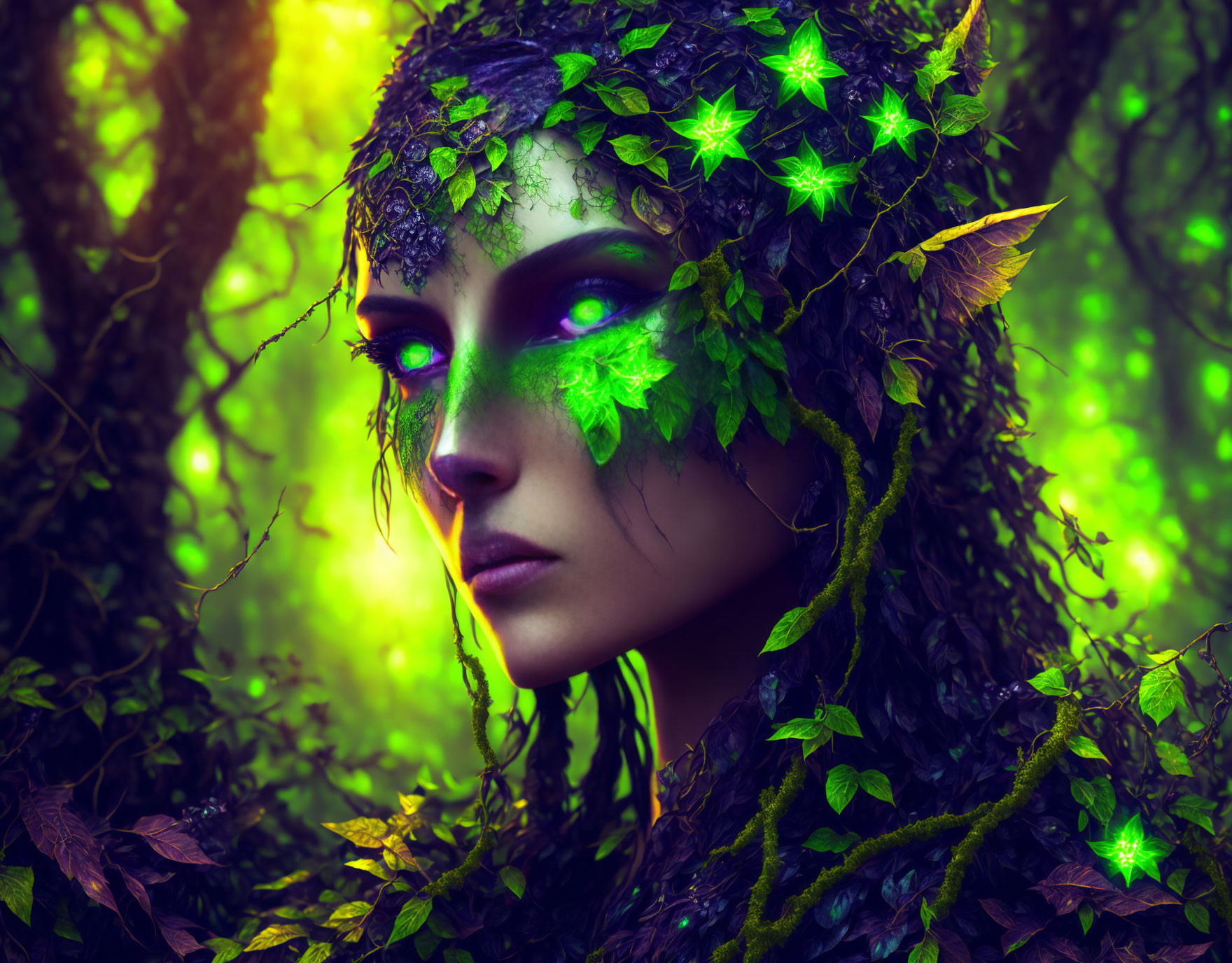 Mystical woman with ivy leaves, green eyes, and star-shaped lights in enchanted forest