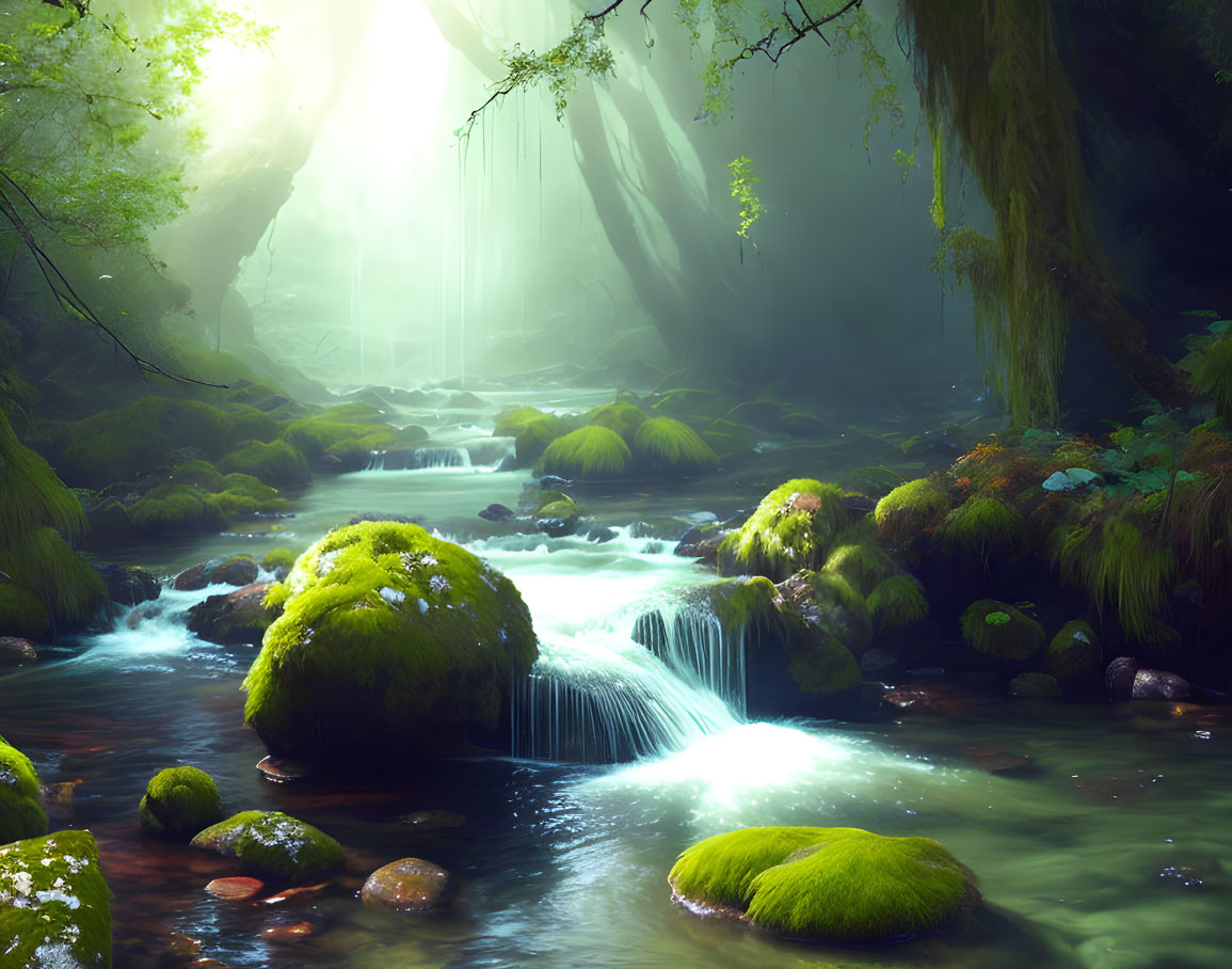 Tranquil forest stream with moss-covered rocks and waterfall