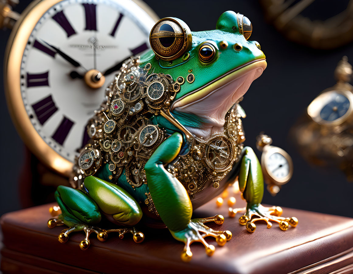 Whimsical frog digital art with clock gears and vintage timepieces