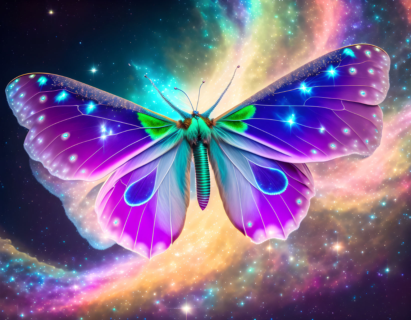 Colorful Butterfly Artwork on Cosmic Galaxy Background