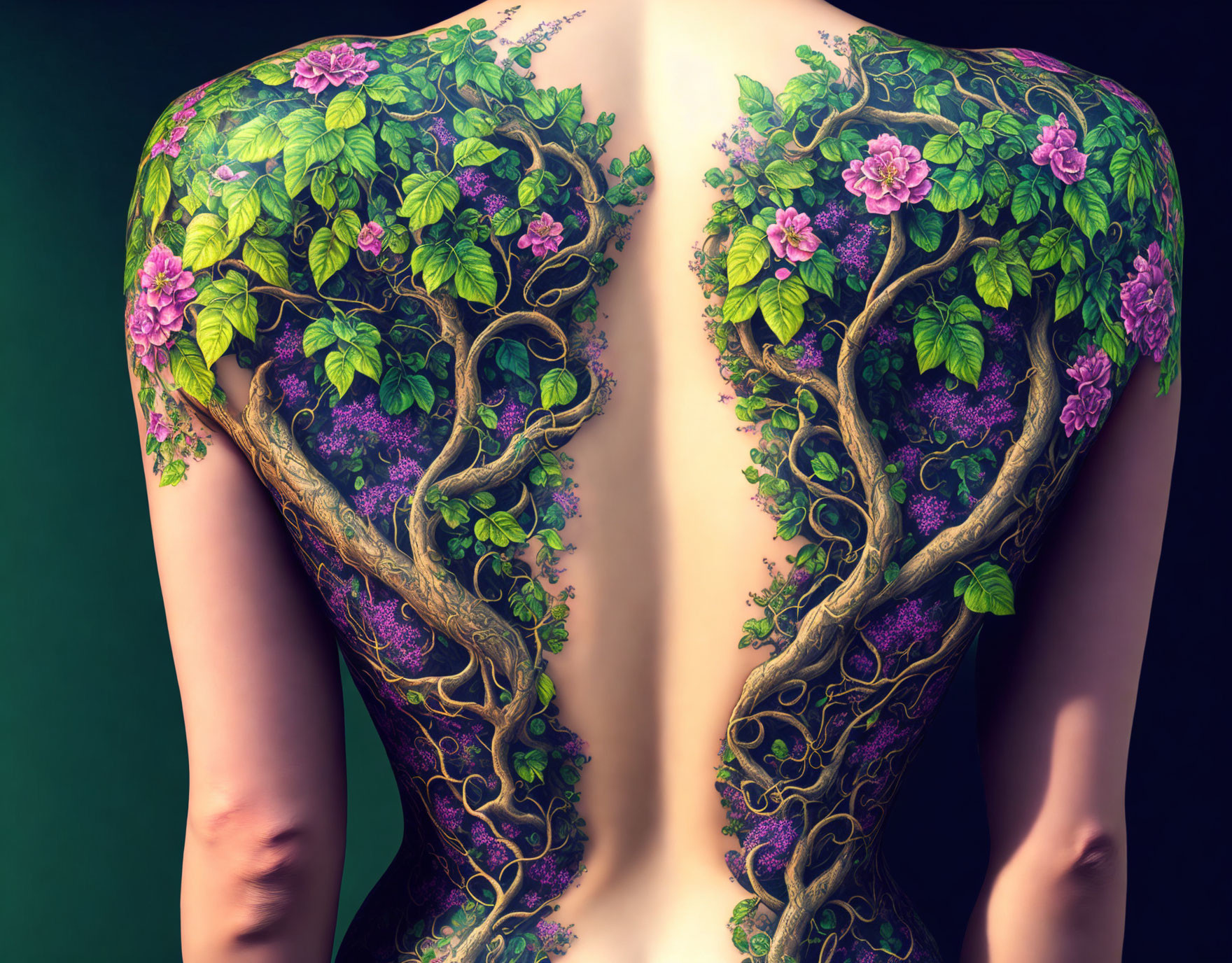 Colorful back tattoo featuring vibrant trees and blossoming flowers