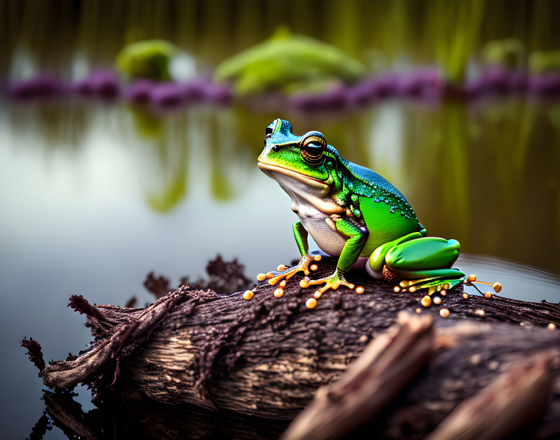 Colorful Frog on Log by Pond with Water Lilies