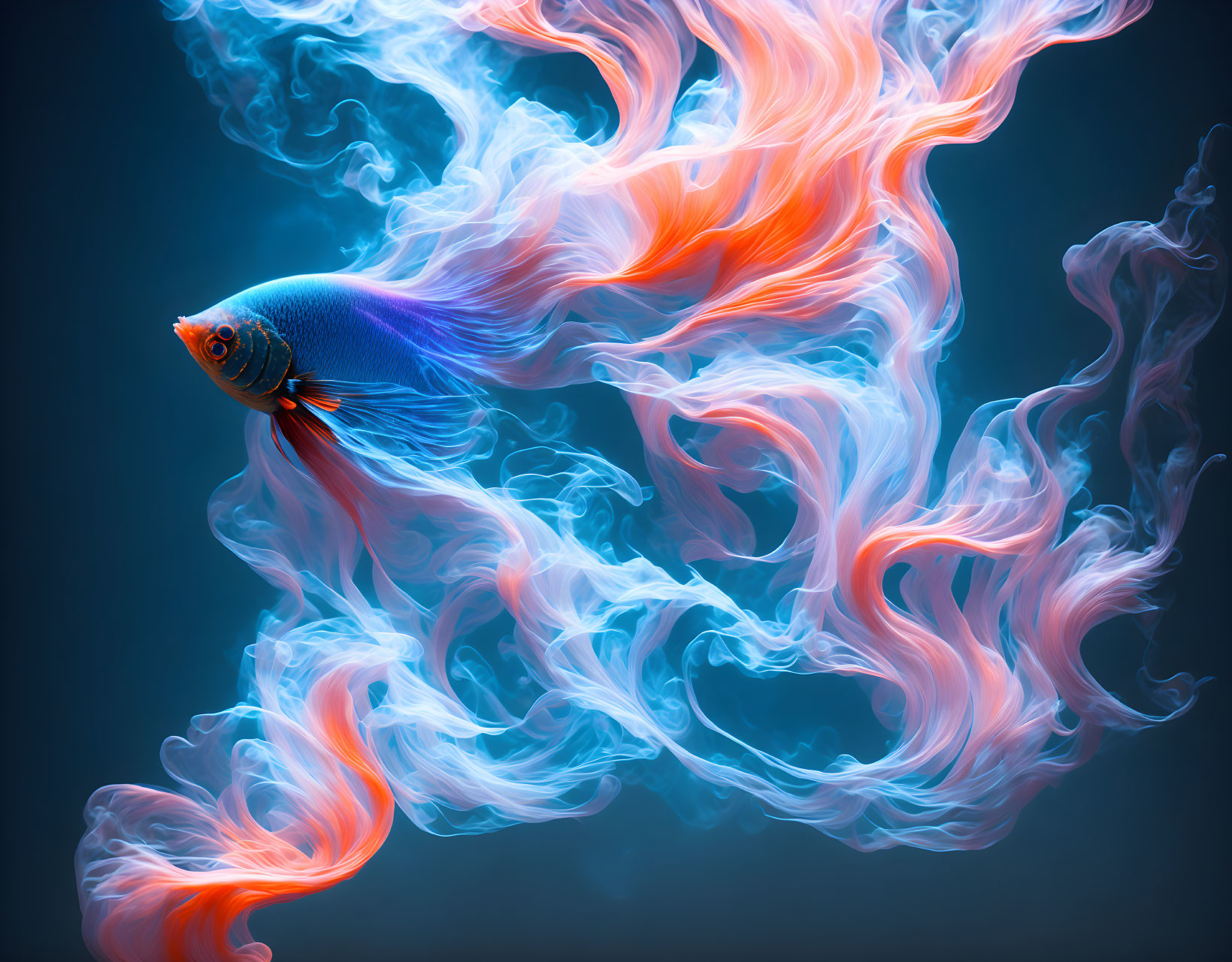 Blue Betta Fish Swimming with Red-Orange Accents in Ethereal Blue Background