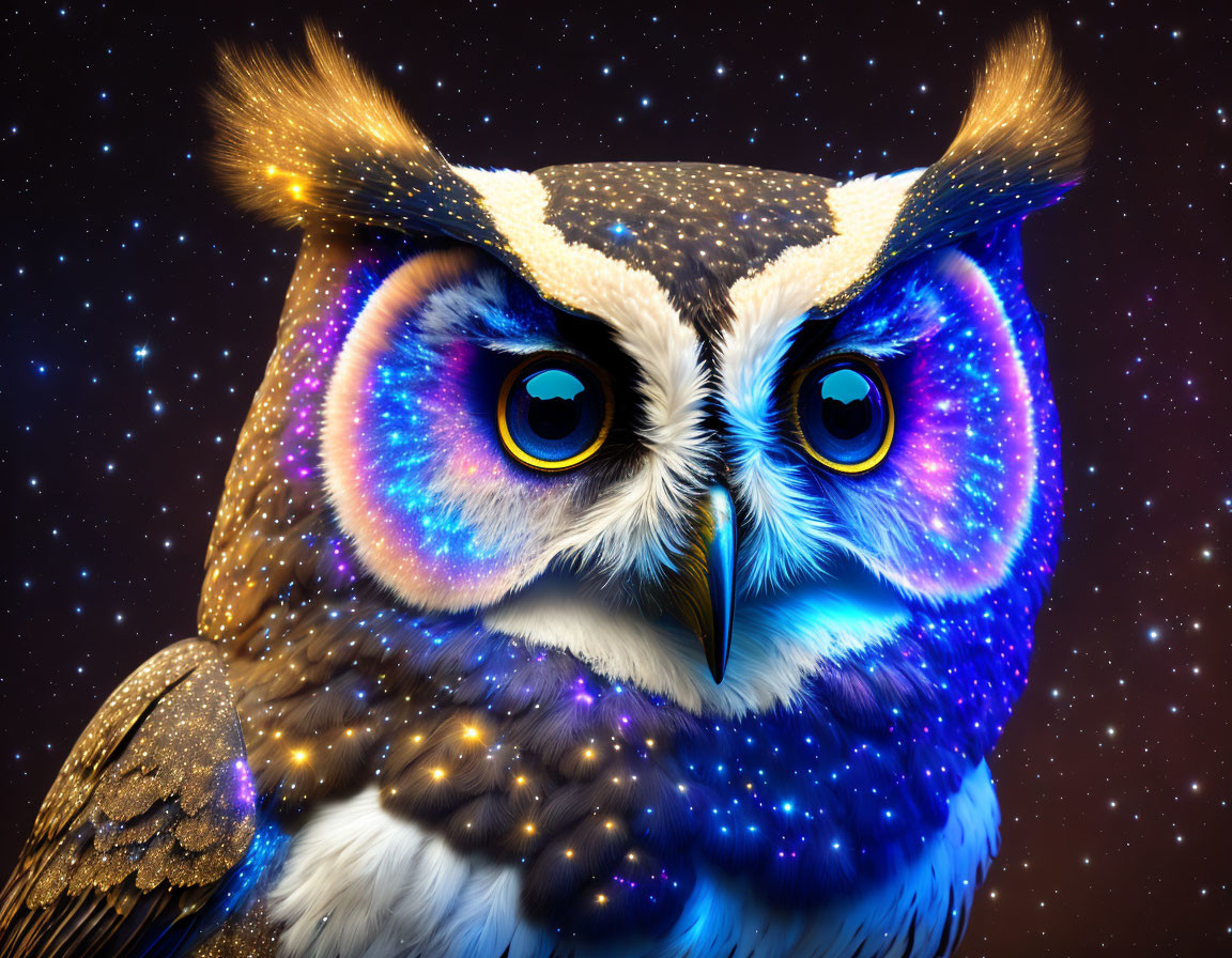 Colorful Stylized Owl Artwork in Vibrant Blue and Yellow Palette