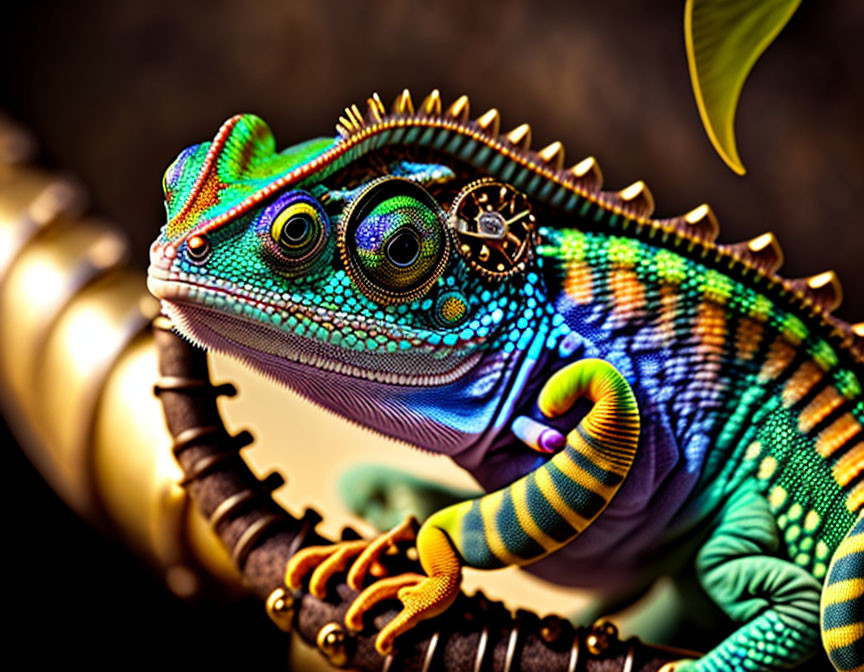 Colorful chameleon with intricate patterns on a branch