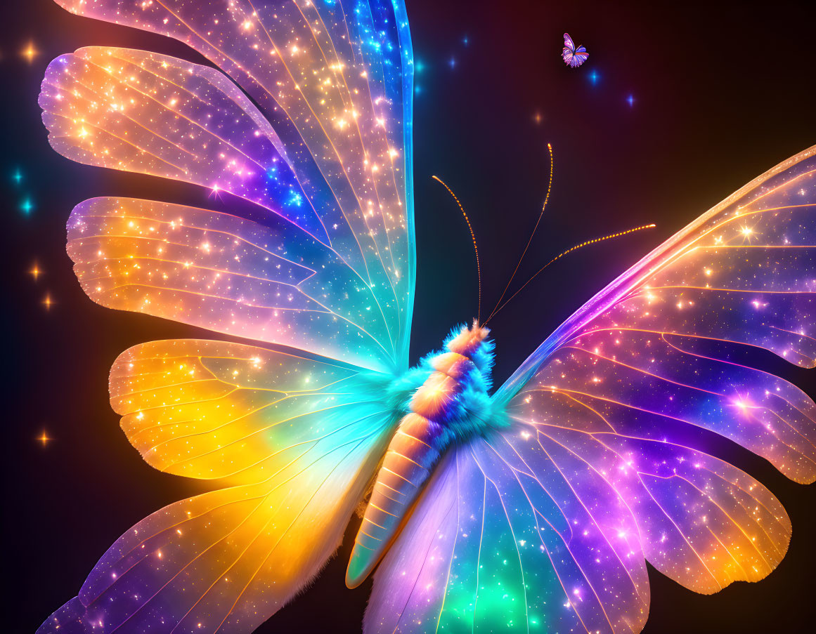 Colorful Glowing Butterfly on Dark Starry Background