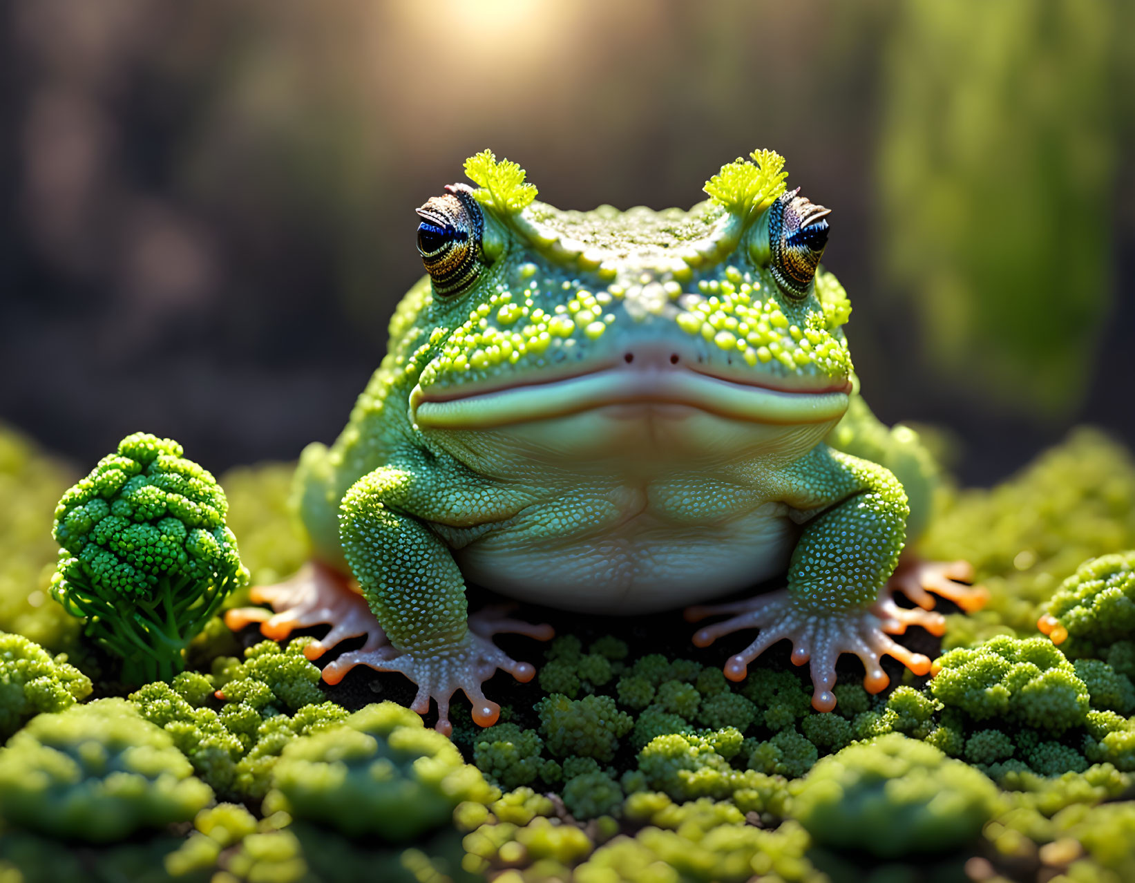 Vibrant green frog with textured skin among broccoli-like greenery