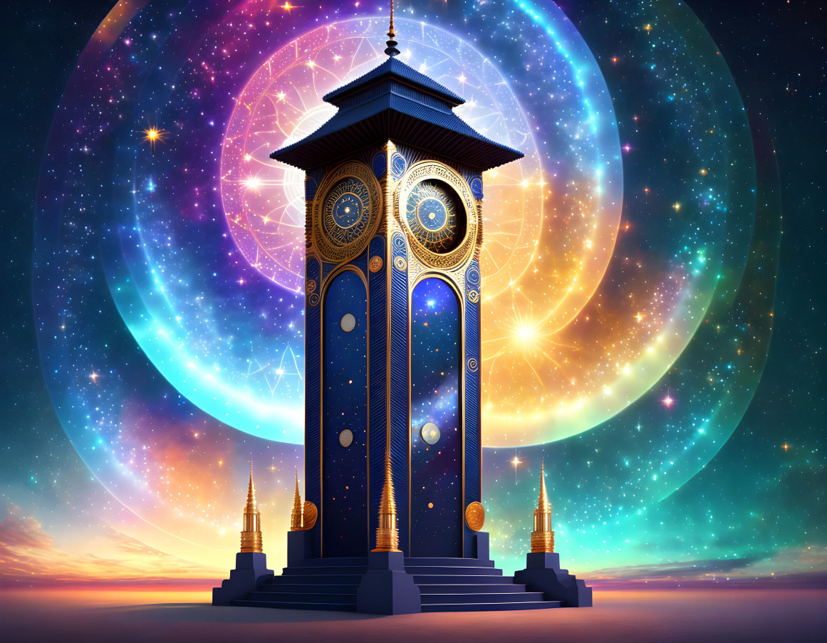 Fantastical clock tower in cosmic setting with celestial bodies and vibrant nebulae