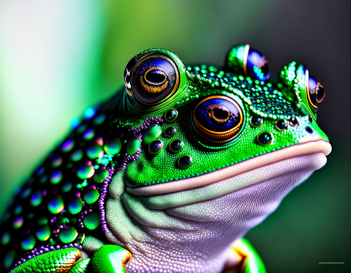 Detailed Close-Up of Green Frog's Skin Patterns and Bulging Eyes