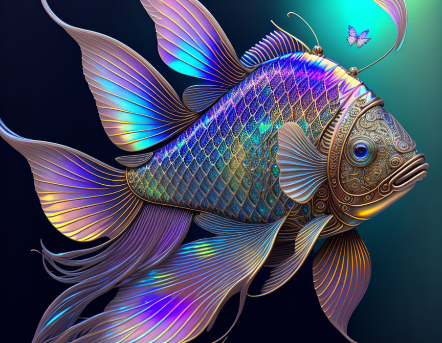 Colorful digital artwork of fish with intricate scales and fins and butterfly.