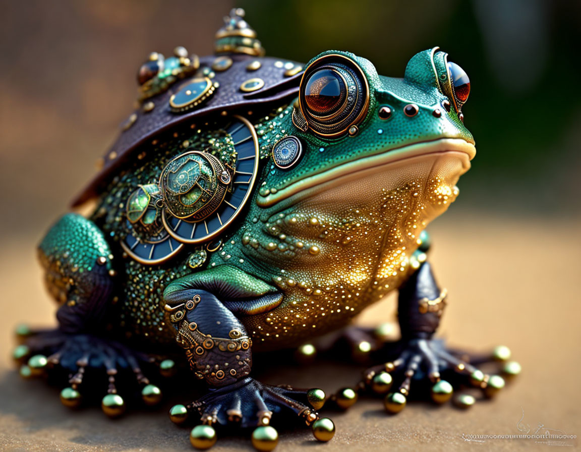 Steampunk-inspired frog with metallic gears and ornate patterns