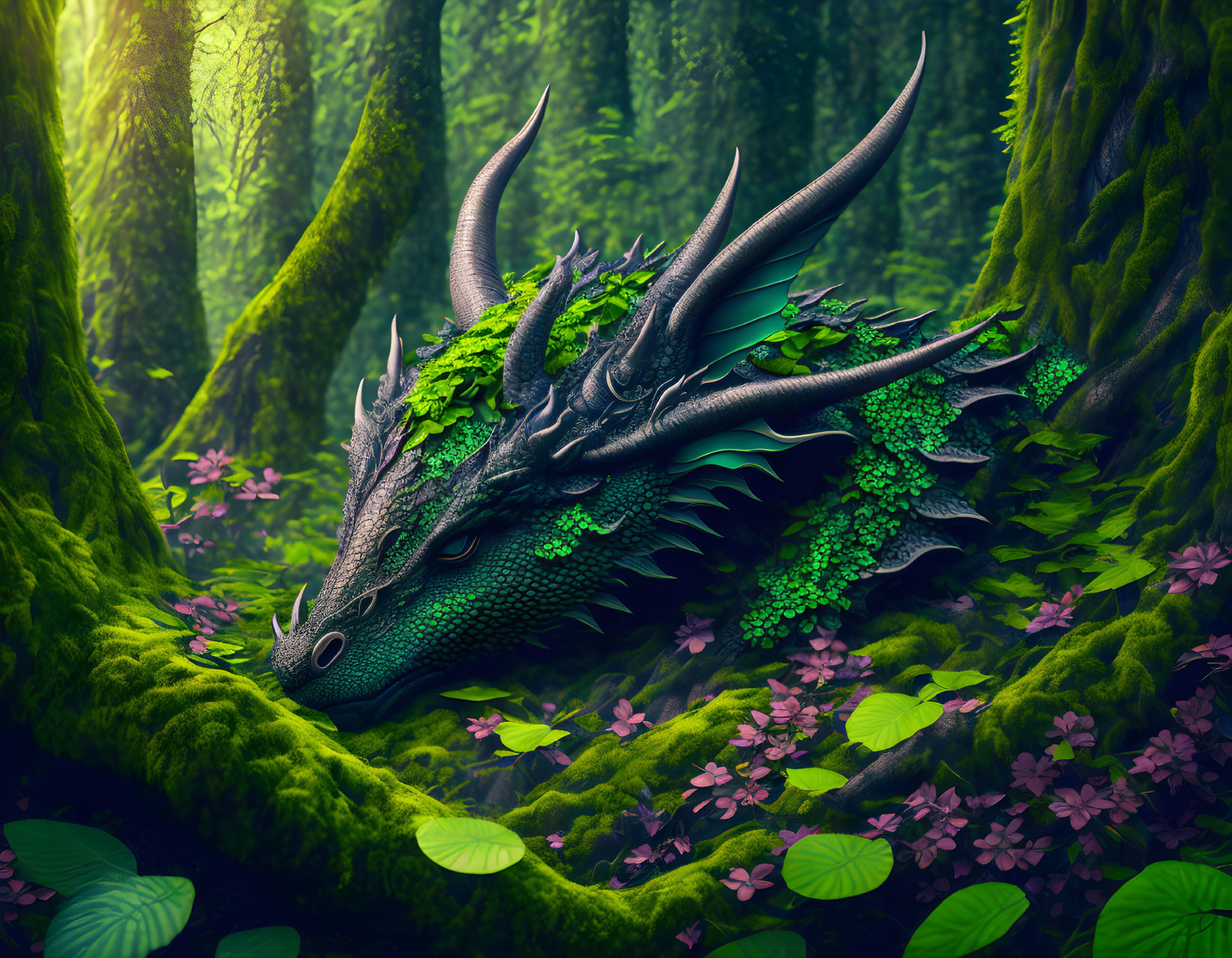 Green-Scaled Dragon Blending in Enchanted Forest Foliage