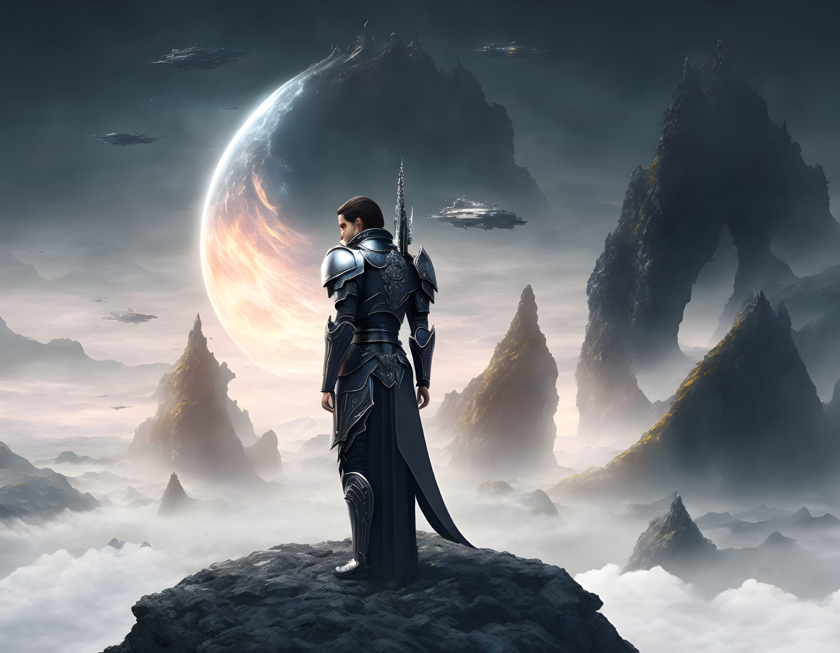 Knight in armor gazes at large moon over sharp mountains