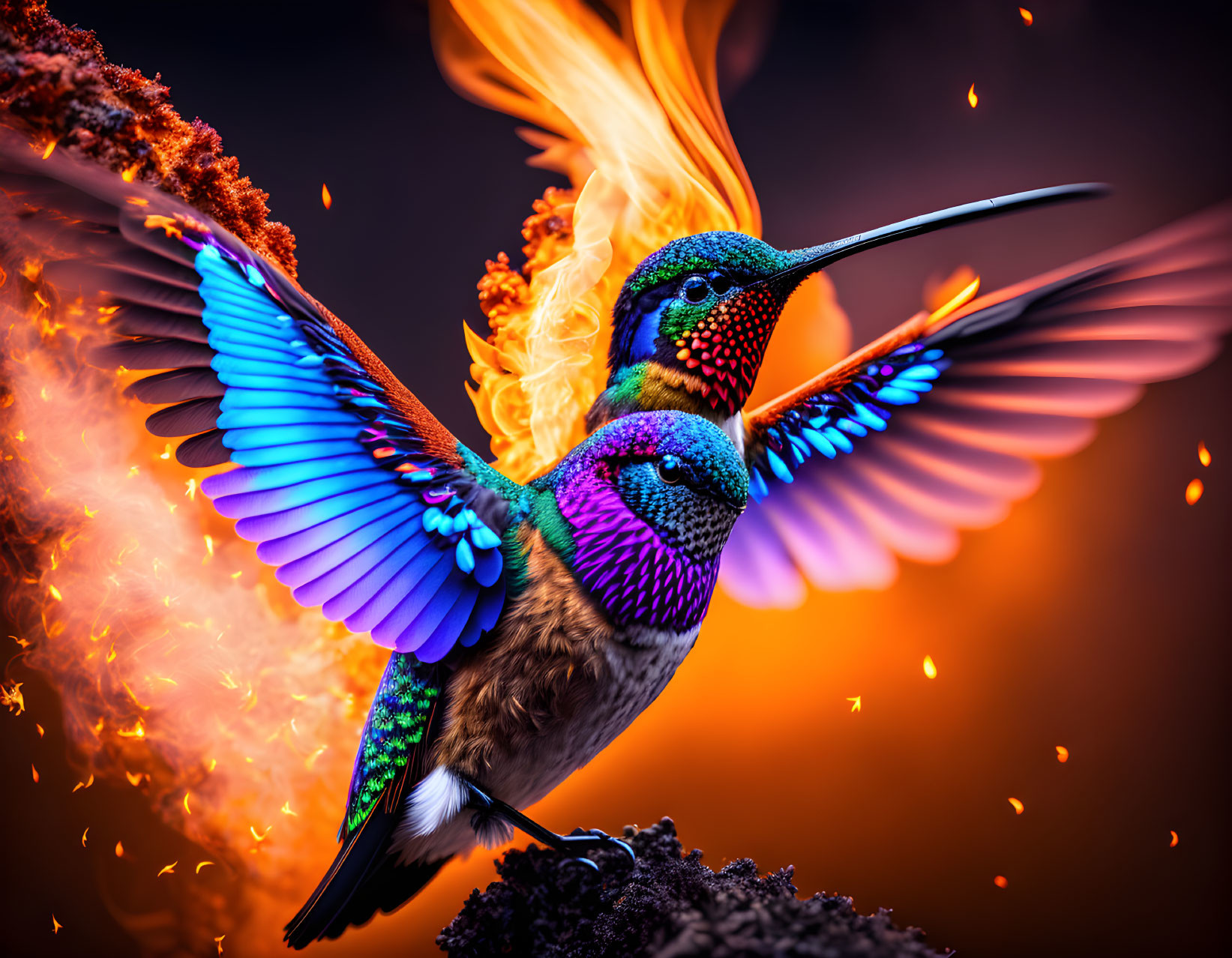 Colorful hummingbird in flight against fiery backdrop