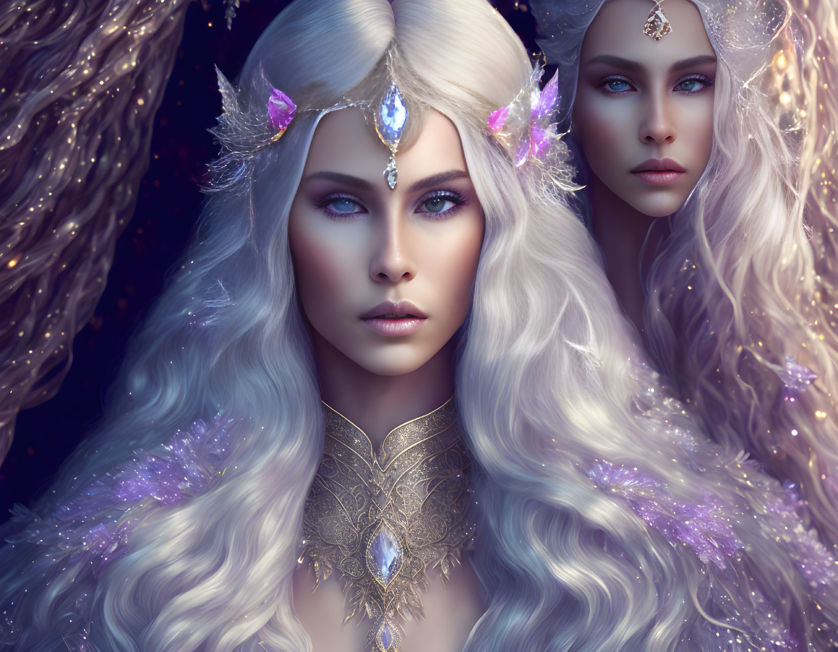 Ethereal women with long white hair and mythical attire on starry backdrop