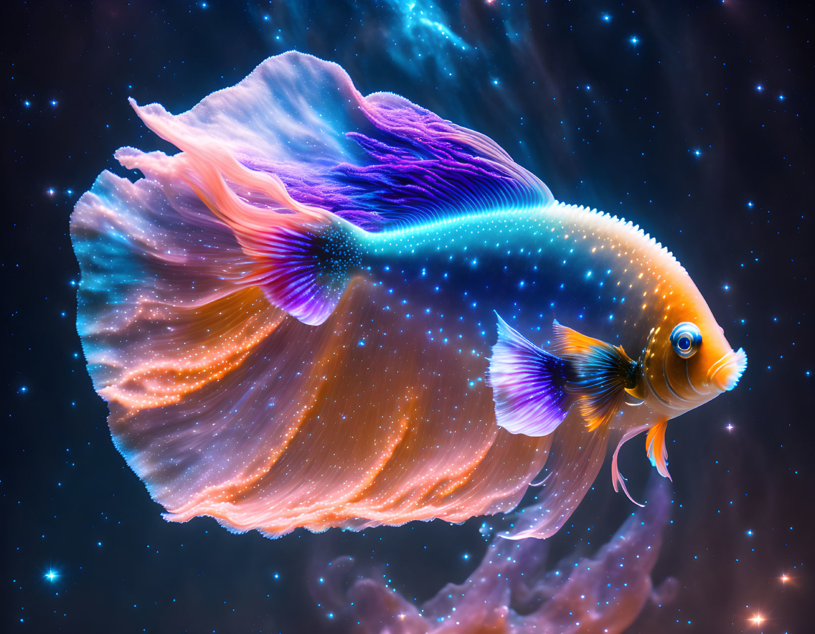 Vibrant goldfish with flowing fins on cosmic backdrop