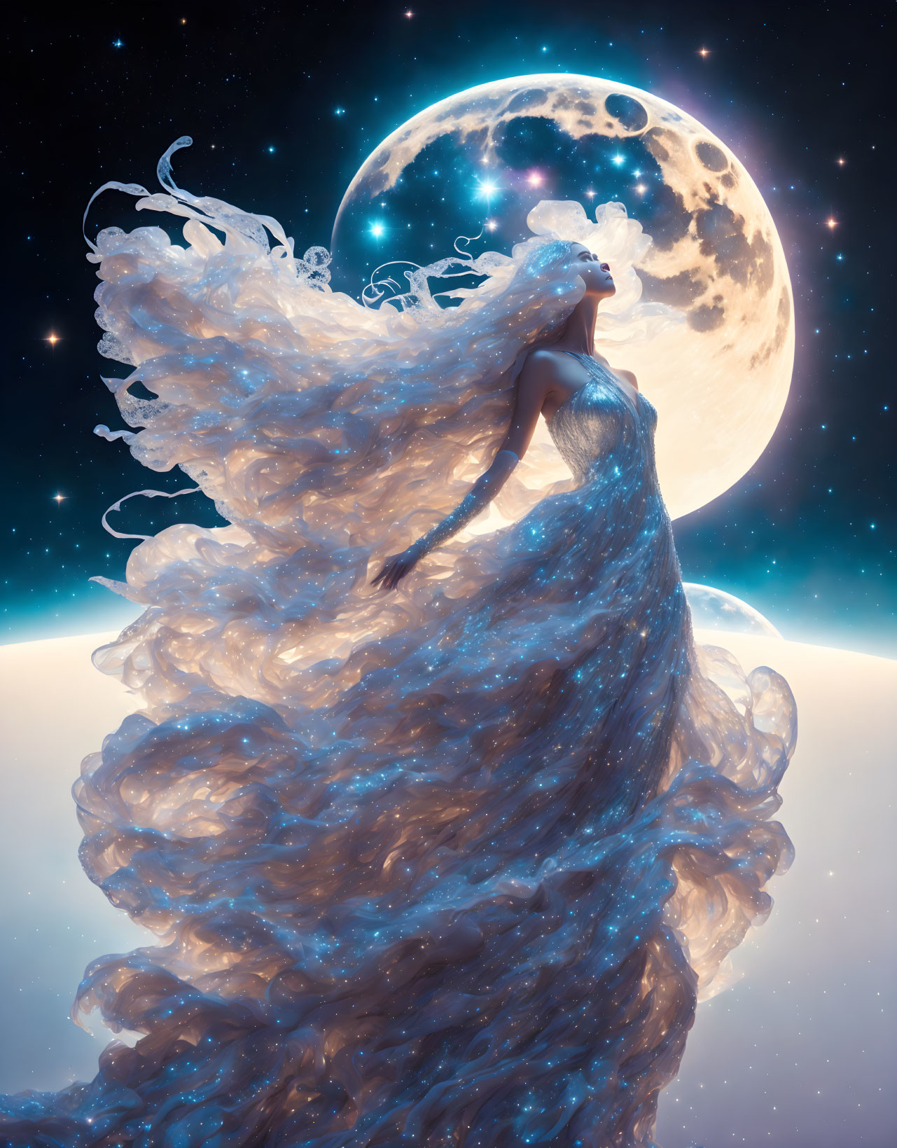 Woman in ethereal gown under full moon and starry sky