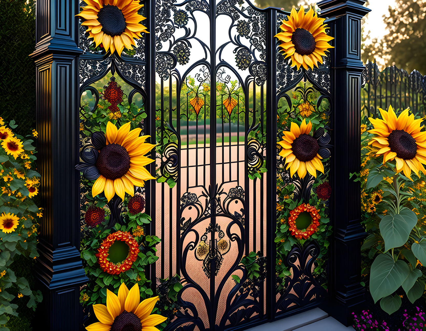 Decorative black iron gate with sunflower designs, garden view of trees and sunset