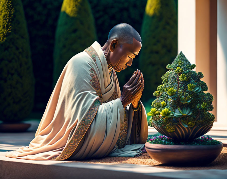 Traditional Garments Wearer Praying Near Bonsai Tree