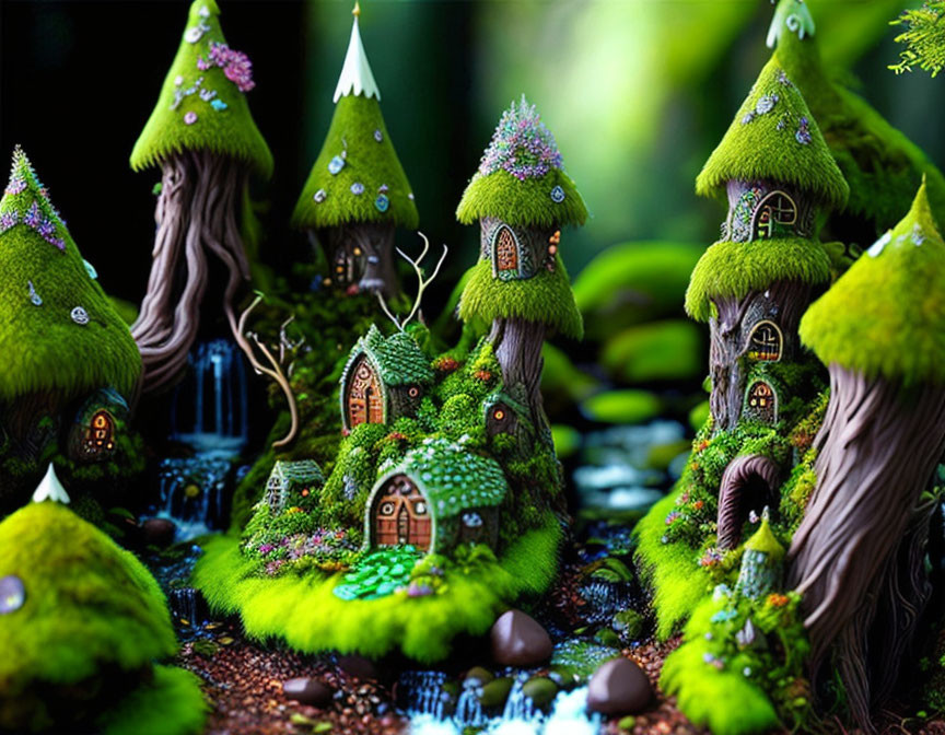 Fantasy moss-covered forest with whimsical tree houses & pathways