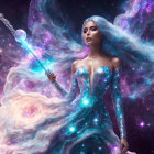 Woman with cosmic hair and wand in starry space.