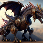 Mechanical dragon with ornate armor in rocky terrain