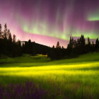 Colorful aurora borealis over illuminated farm at night