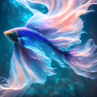 Blue Betta Fish Swimming with Red-Orange Accents in Ethereal Blue Background