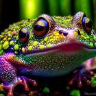 Vibrant multicolored frog on lush green background