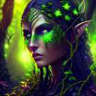 Mystical woman with ivy leaves, green eyes, and star-shaped lights in enchanted forest