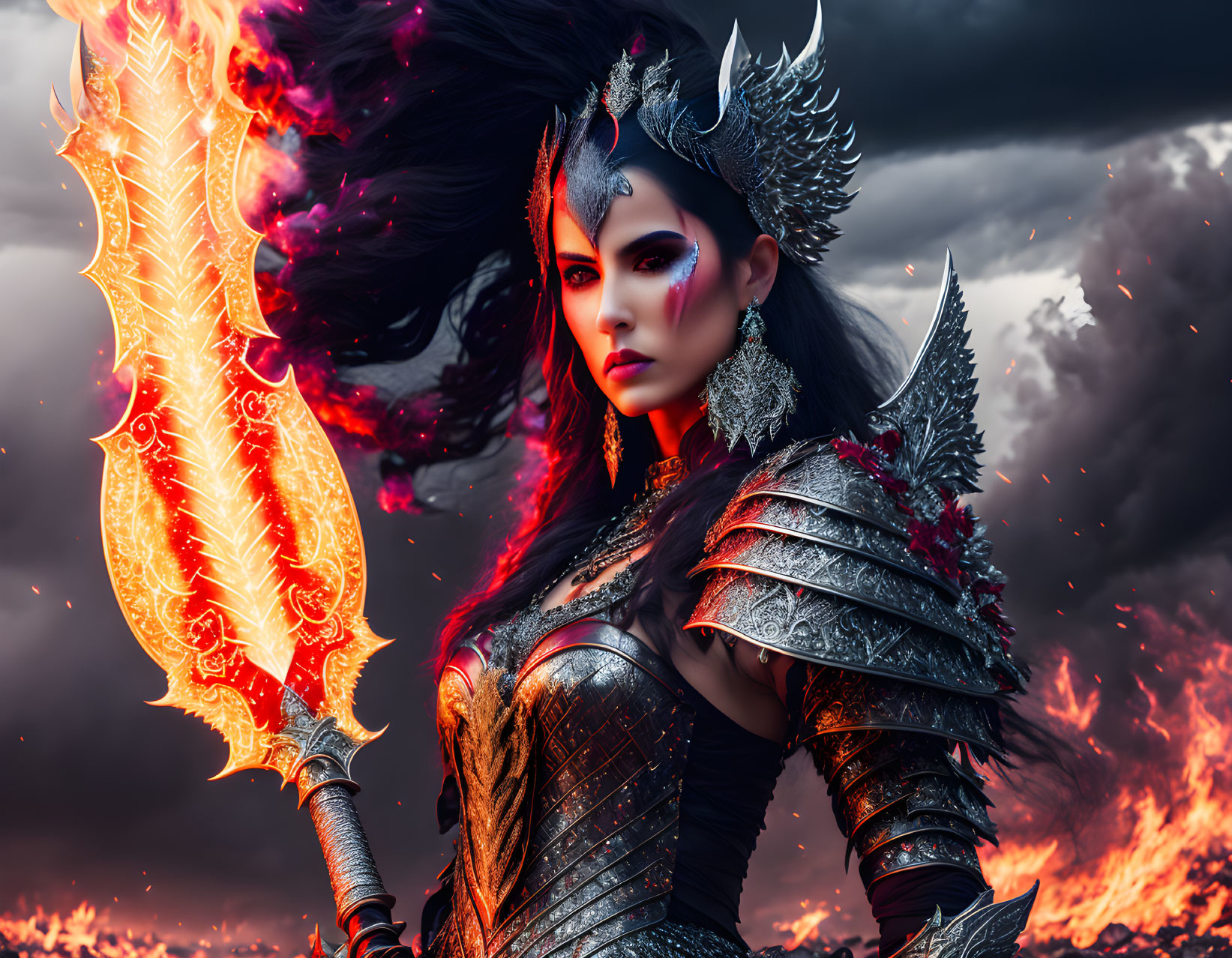 Fantasy warrior woman with fiery sword in dark armor and headdress.