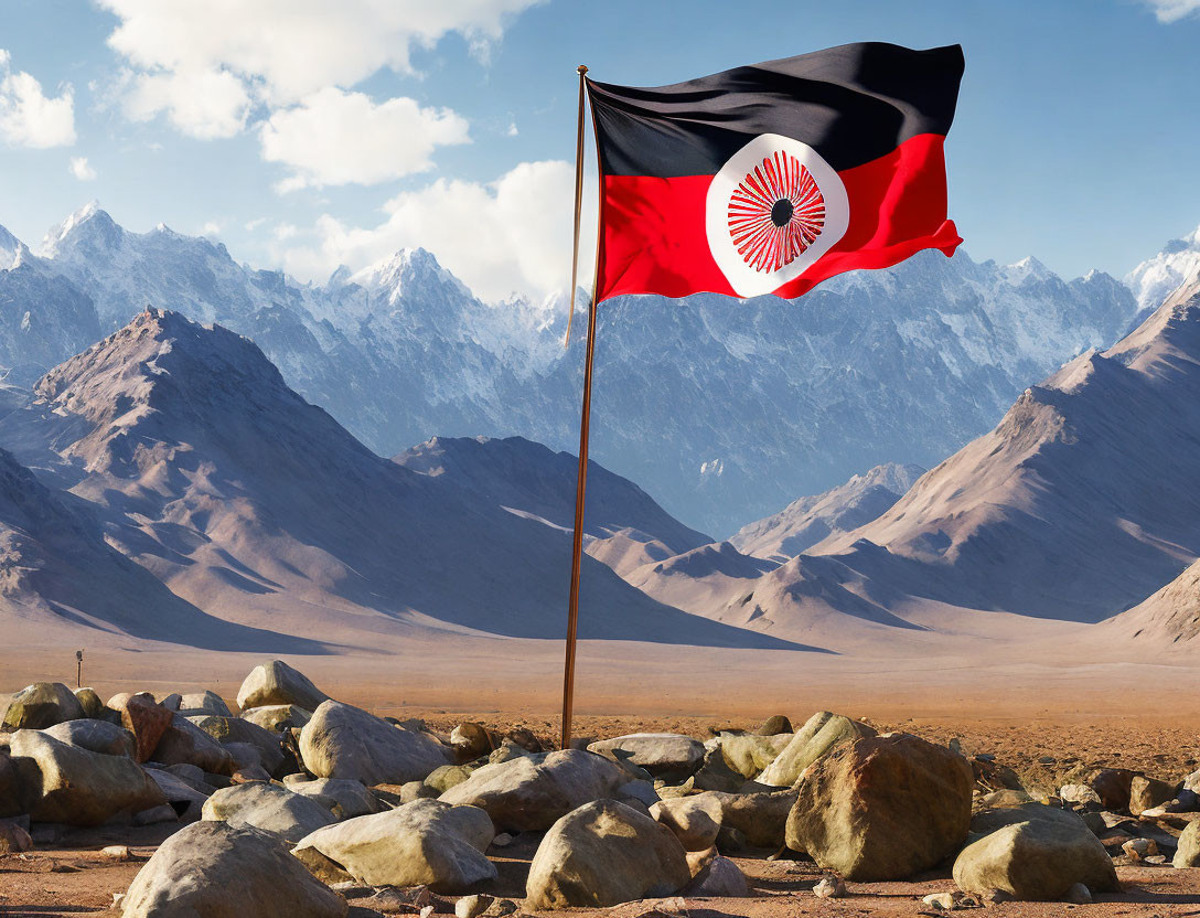 Red and Black Flag with White Circular Symbol Against Mountain Backdrop