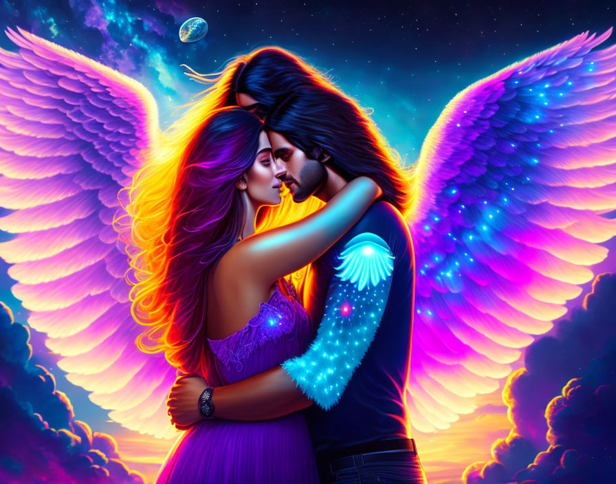 Romantic embrace of winged figures under starry sky