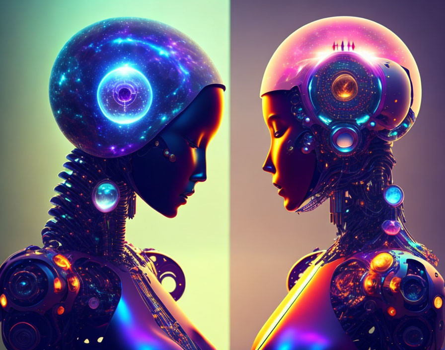 Futuristic female androids with intricate designs and glowing cybernetic elements in colorful setting