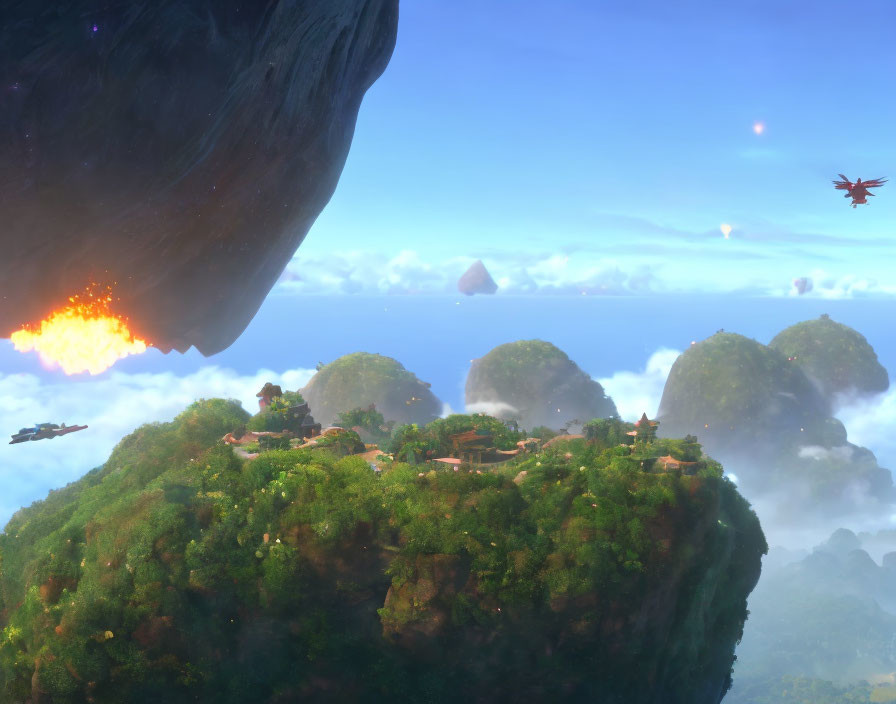 Floating islands with traditional buildings under a clear sky, spacecraft battle in the distance.