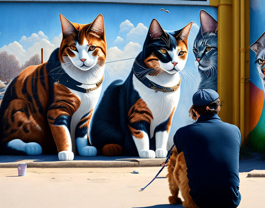 Person sitting in front of vibrant mural with giant cats and small cat beside them