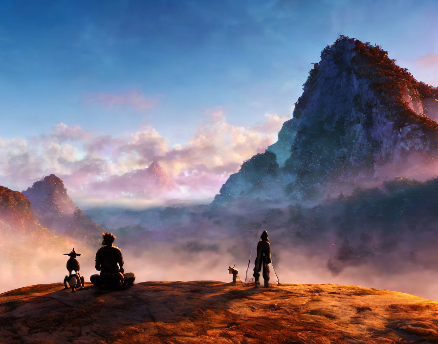 Sunset landscape with silhouetted figures, dogs, misty valley, and mountains