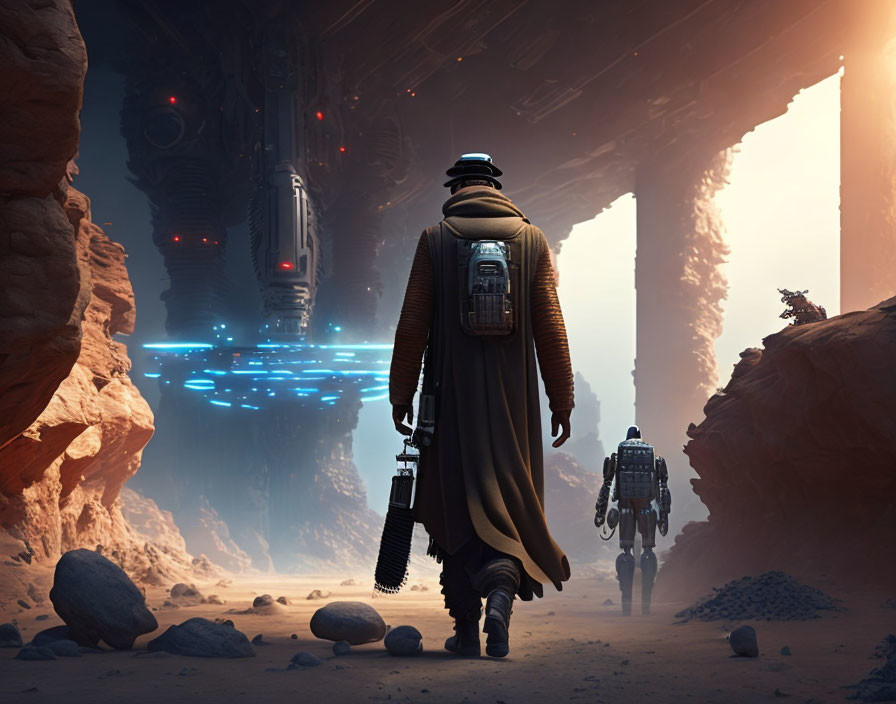 Robed Figure and Droid Walking in Canyon Below Hovering Spacecraft