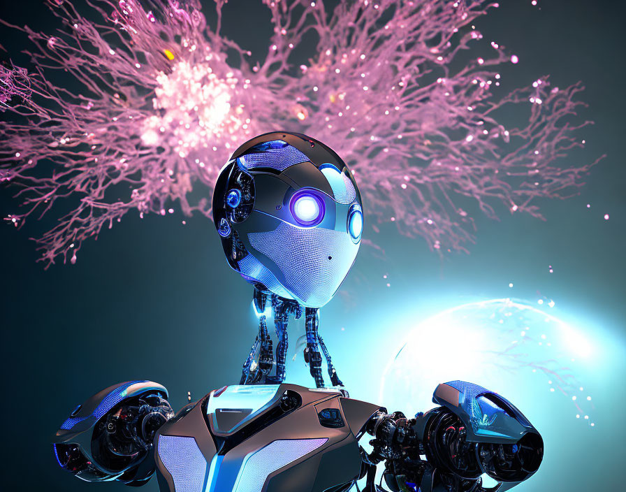 Reflective spherical head robot with blue glowing eyes and pink neural network structure.