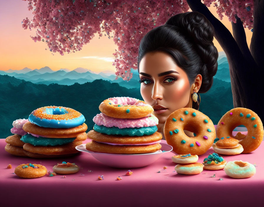 Illustration of woman with bun near cherry blossom tree and colorful donuts