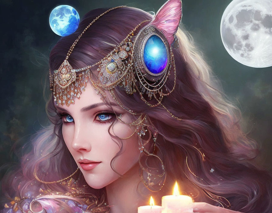 Fantasy Art: Woman with Violet Eyes, Ornate Headpiece, Elf-like Ears, Moon