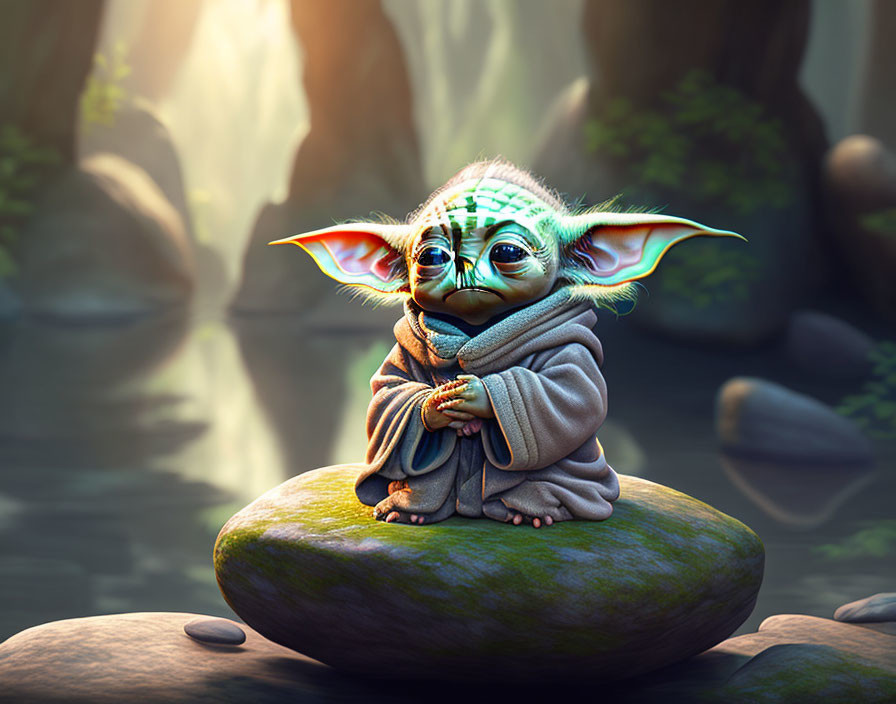 Green-skinned creature in robe sitting on rock in serene forest