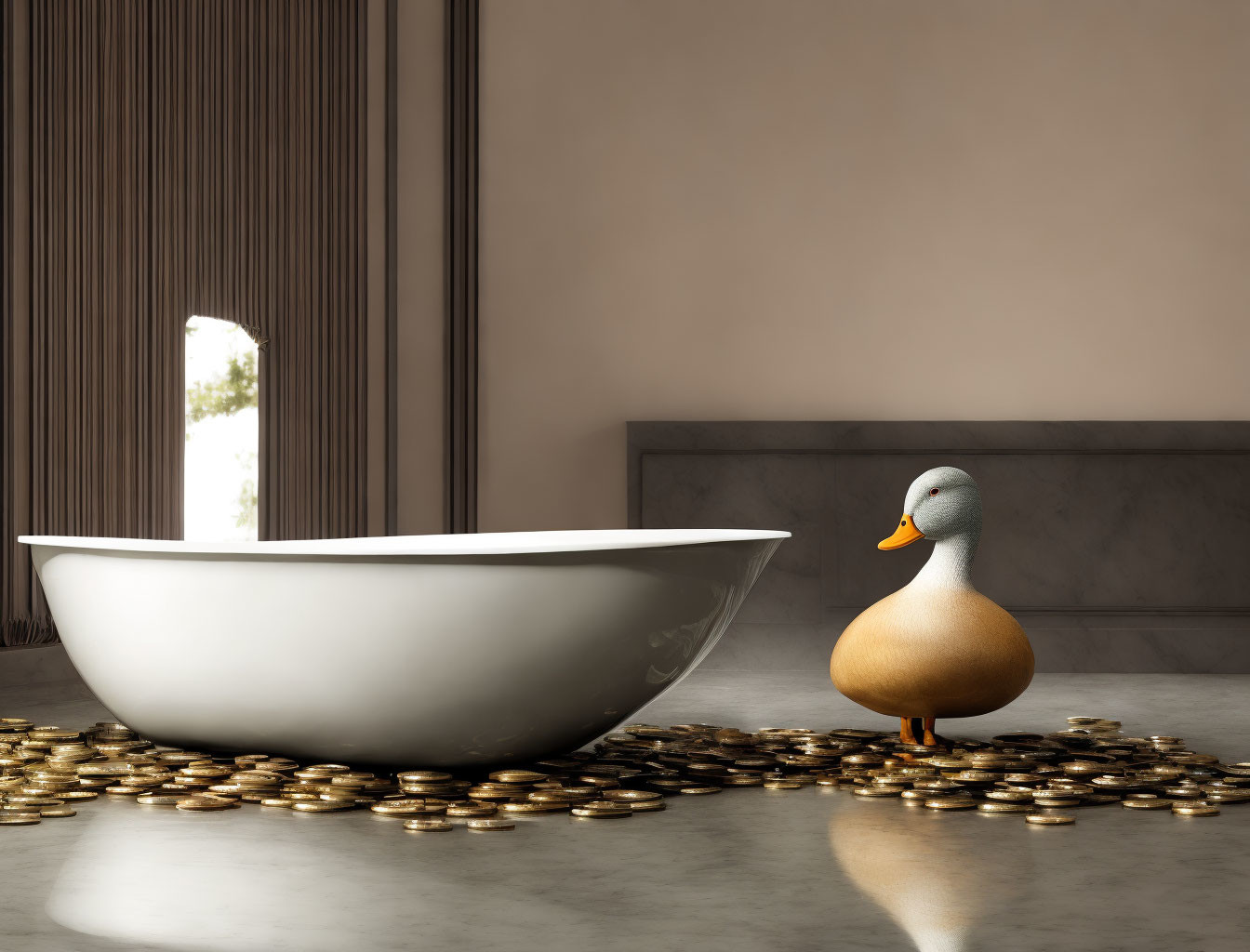 Rubber Duck on Coins in Elegant Bathroom with Bathtub & Arched Window